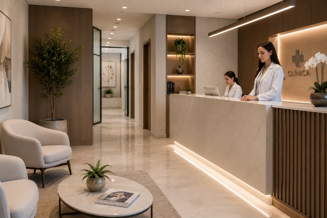 Recepção elegante de uma clínica moderna sem pacientes aguardando