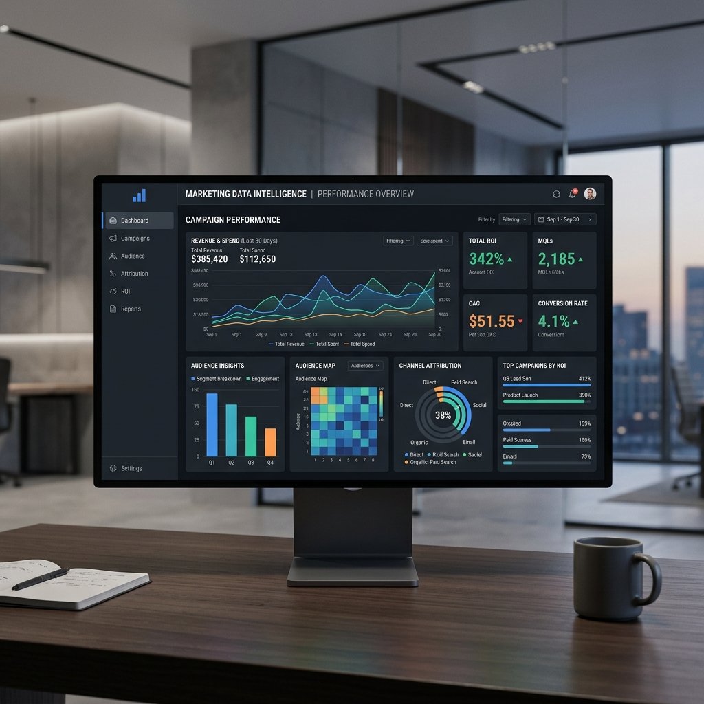 Dashboard de BI com métricas de marketing digital e KPIs de escala
