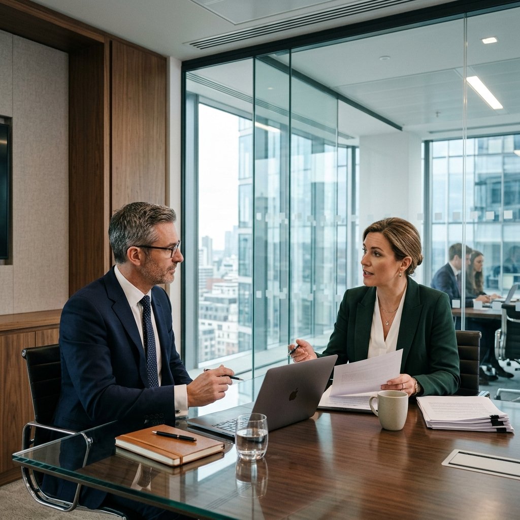 Marketing Jurídico Digital: Práticas e Ética Reunião entre advogado e cliente em escritório moderno e de alto padrão corporativo