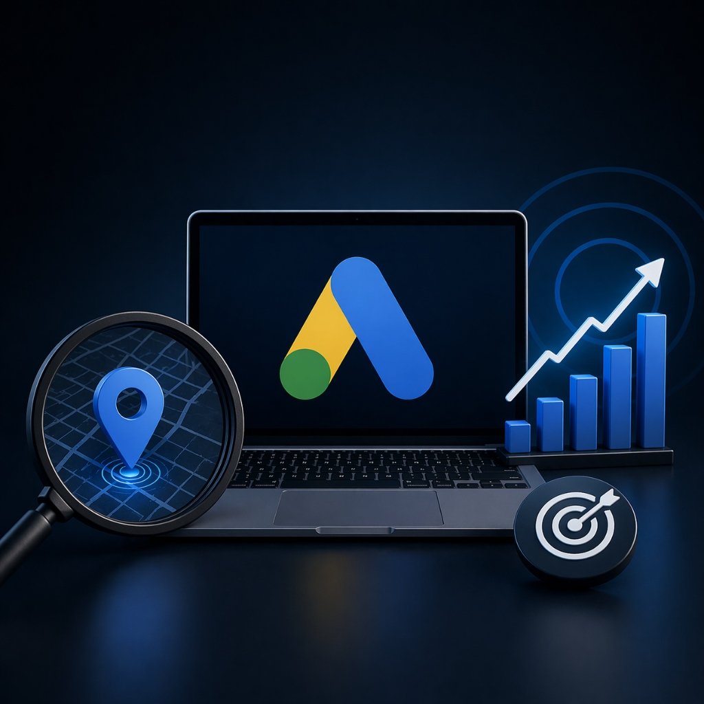 Laptop exibindo logo do Google Ads com lupa sobre mapa e gráficos de crescimento