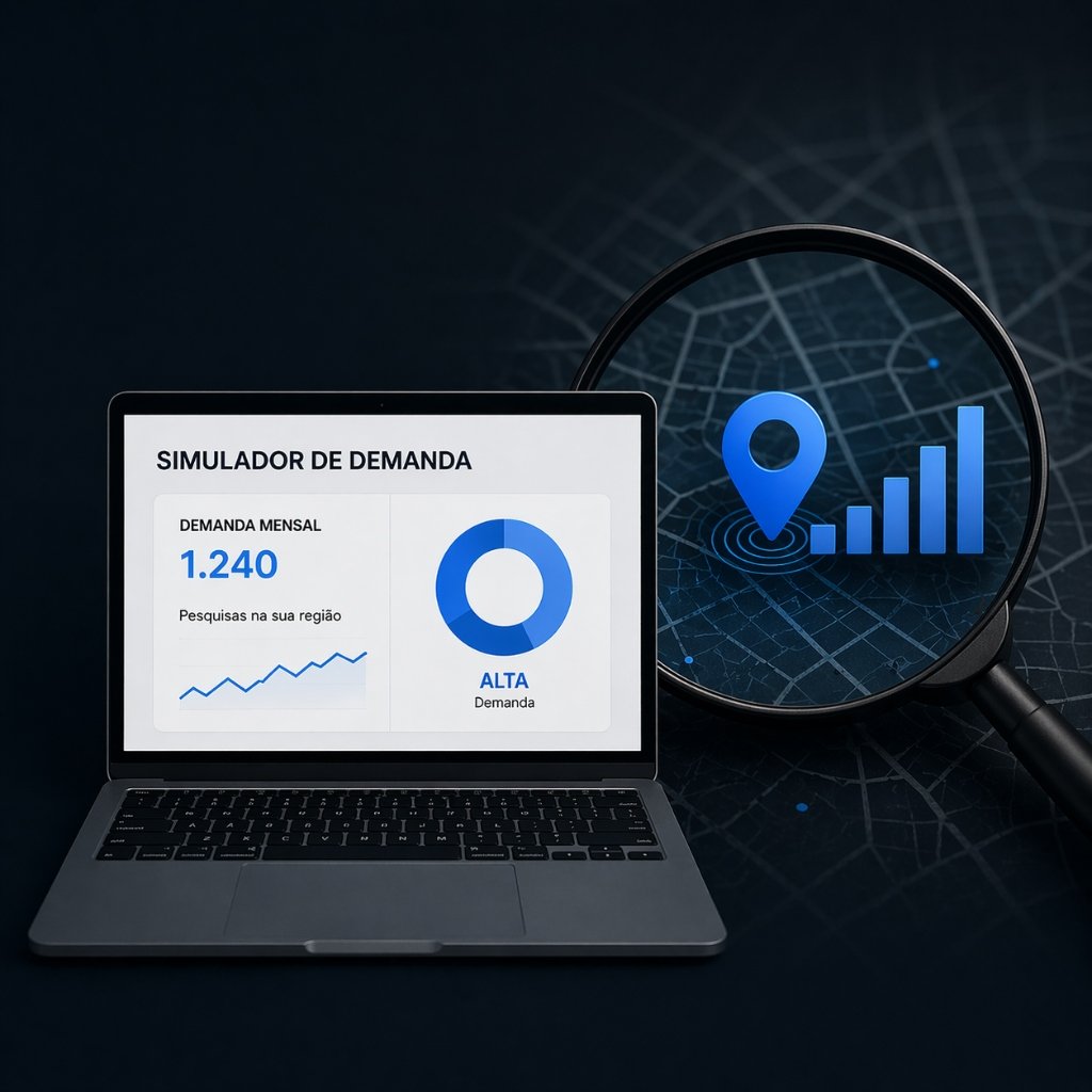 Laptop mostrando um painel de Simulador de Demanda e uma lupa sobre um mapa com localização e gráficos azuis