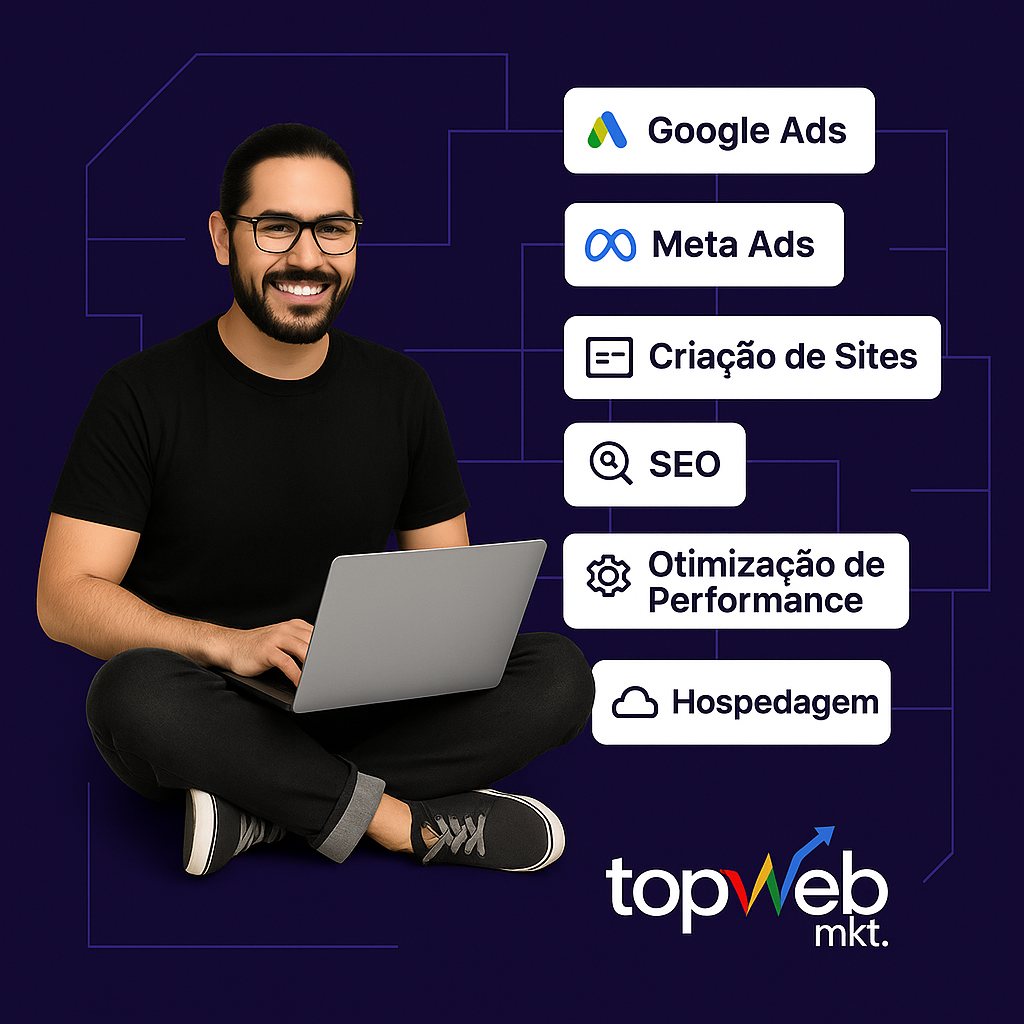 Especialista da Top Web Mkt apresentando serviços de marketing digital: Google Ads, Meta Ads, Criação de Sites, SEO e Hospedagem em São Paulo
